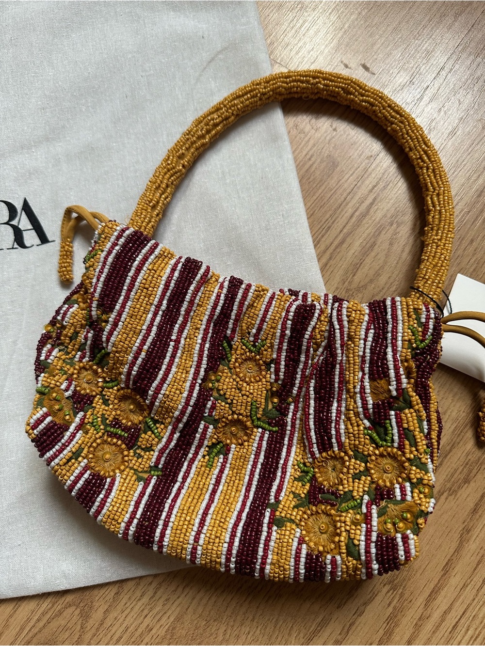 ZARA Hand-Beaded Yellow & Burgundy Floral Stripe Women's Bag